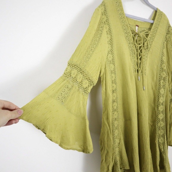 Free People XS Gauze Lace Lattice Neck Tunic Chartreuse Babydoll Bell Sleeve - Picture 4 of 11